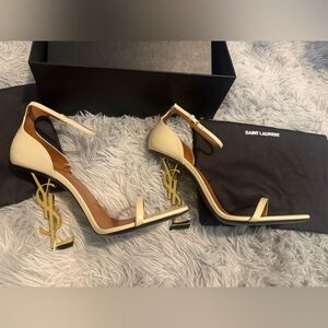 SAINT LAURENT Beige Opyum Ankle Strap YSL Logo Heel Leather Sandal / Size 41